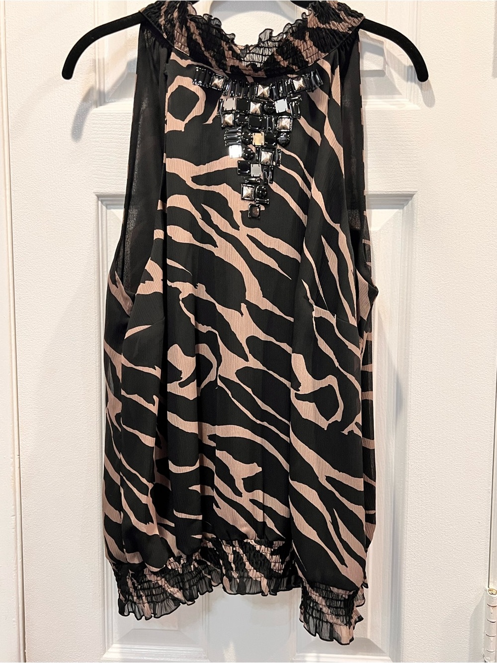 Alfani Zebra Print Beaded Studded Mock Neck Sleeveless Blouse Top Size 16 W